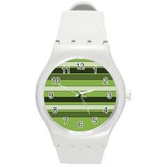 Greenery Stripes Pattern Horizontal Stripe Shades Of Spring Green Round Plastic Sport Watch (m)