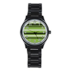 Greenery Stripes Pattern Horizontal Stripe Shades Of Spring Green Stainless Steel Round Watch by yoursparklingshop