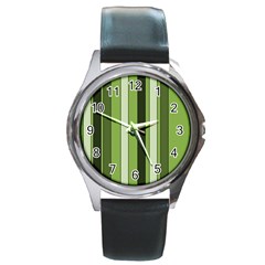 Greenery Stripes Pattern 8000 Vertical Stripe Shades Of Spring Green Color Round Metal Watch by yoursparklingshop