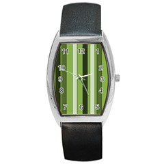 Greenery Stripes Pattern 8000 Vertical Stripe Shades Of Spring Green Color Barrel Style Metal Watch by yoursparklingshop