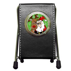 Rudolph And Santa Selfie Pen Holder Desk Clocks by Valentinaart