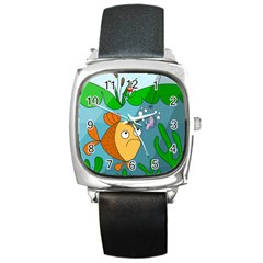 Fish And Worm Square Metal Watch by Valentinaart