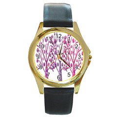 Magical Pink Trees Round Gold Metal Watch by Valentinaart