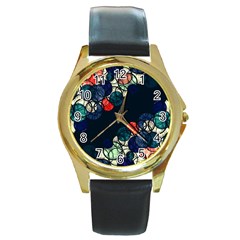 Orange And Blue Bubbles Round Gold Metal Watch by Valentinaart