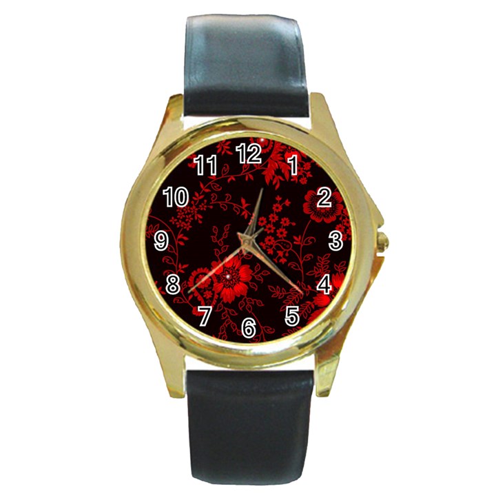 Small Red Roses Round Gold Metal Watch