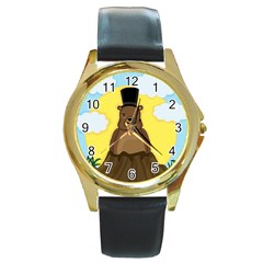 Groundhog Round Gold Metal Watch by Valentinaart