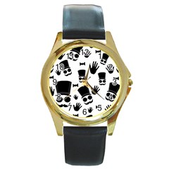 Gentlemen - Black And White Round Gold Metal Watch by Valentinaart