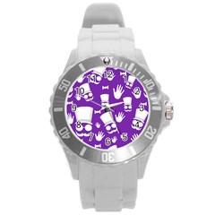 Gentleman Pattern - Purple And White Round Plastic Sport Watch (l) by Valentinaart