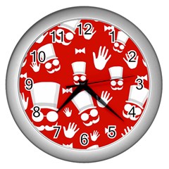 Gentlemen - Red And White Pattern Wall Clocks (silver)  by Valentinaart