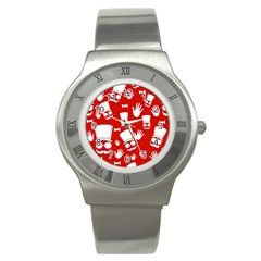 Gentlemen - Red And White Pattern Stainless Steel Watch by Valentinaart