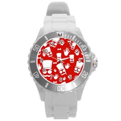 Gentlemen - Red And White Pattern Round Plastic Sport Watch (l) by Valentinaart