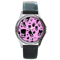 Gentleman - Pink Pattern Round Metal Watch by Valentinaart