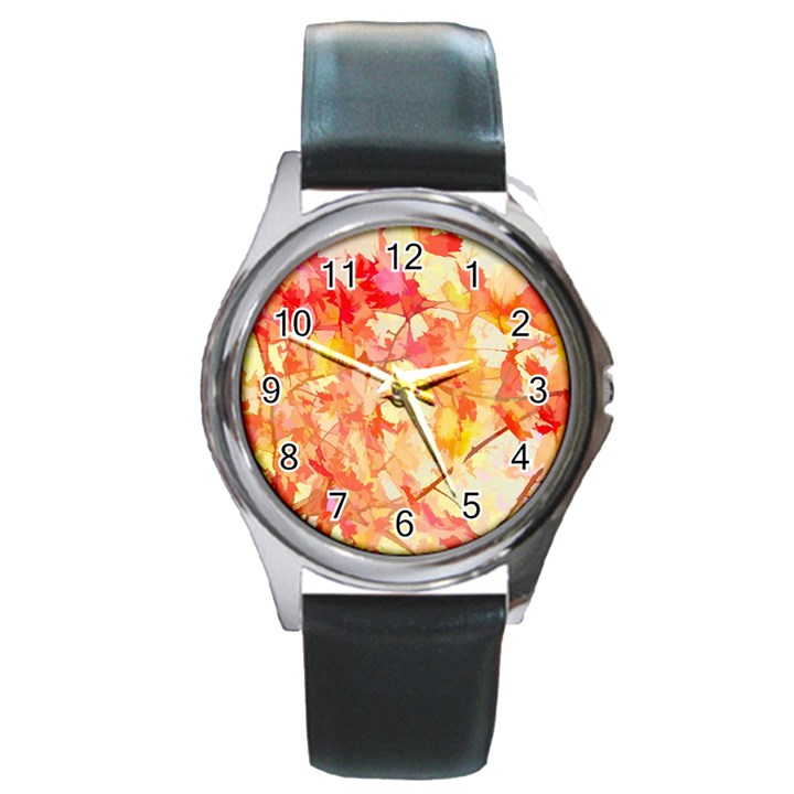 Monotype Art Pattern Leaves Colored Autumn Round Metal Watch