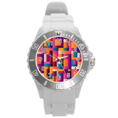 Abstract Background Geometry Blocks Round Plastic Sport Watch (l) by Amaryn4rt