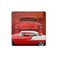 Classic Car Chevy Bel Air Dodge Red White Vintage Photography Square Magnet by yoursparklingshop