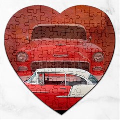 Classic Car Chevy Bel Air Dodge Red White Vintage Photography Jigsaw Puzzle (heart) by yoursparklingshop