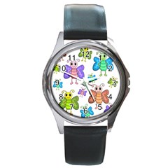 Colorful, cartoon style butterflies Round Metal Watch