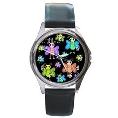 Cartoon Style Butterflies Round Metal Watch by Valentinaart