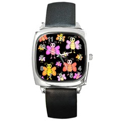 Cute butterflies, colorful design Square Metal Watch