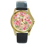 Aquarelle pink flower  Round Gold Metal Watch Front