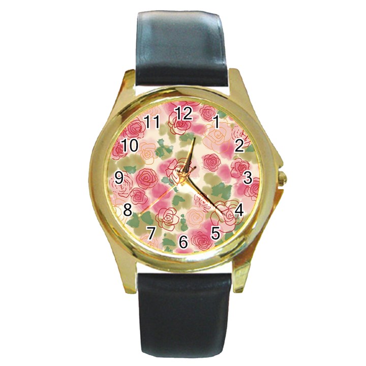 Aquarelle pink flower  Round Gold Metal Watch