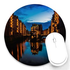 Hamburg City Blue Hour Night Round Mousepads by Amaryn4rt