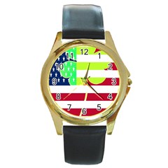 Usa Ireland American Flag Shamrock Irish Funny St Patrick Country Flag  Round Gold Metal Watch by yoursparklingshop