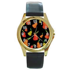 Pears Pattern Round Gold Metal Watch by Valentinaart