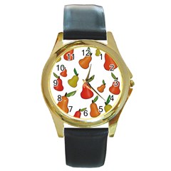 Decorative Pears Pattern Round Gold Metal Watch by Valentinaart