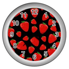 Strawberries Pattern Wall Clocks (silver)  by Valentinaart