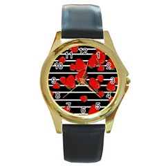 Strawberries  Round Gold Metal Watch by Valentinaart