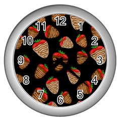 Chocolate Strawberries Pattern Wall Clocks (silver)  by Valentinaart