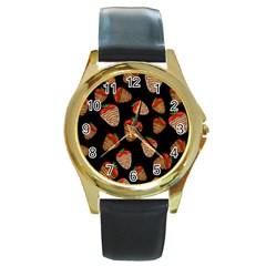 Chocolate Strawberries Pattern Round Gold Metal Watch by Valentinaart