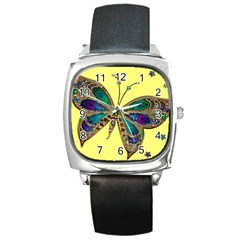 Butterfly Mosaic Yellow Colorful Square Metal Watch by Amaryn4rt