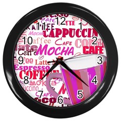 Coffee Cup Lettering Coffee Cup Wall Clocks (black) by Amaryn4rt