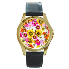 Flowers Blossom Bloom Nature Plant Round Gold Metal Watch by Amaryn4rt