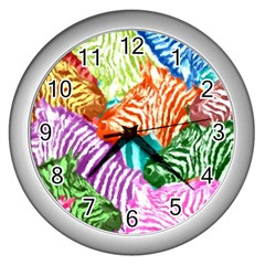 Zebra Colorful Abstract Collage Wall Clocks (Silver) 