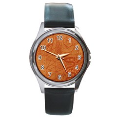 Burnt Amber Orange Brown Abstract Round Metal Watch by Amaryn4rt