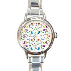 Cute Birds And Flowers Pattern Round Italian Charm Watch by Valentinaart