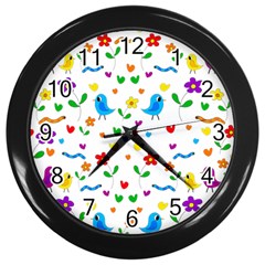 Cute Birds And Flowers Pattern Wall Clocks (black) by Valentinaart