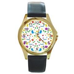 Cute Birds And Flowers Pattern Round Gold Metal Watch by Valentinaart