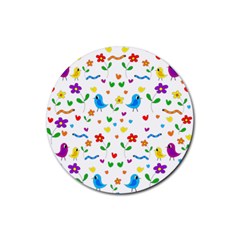 Cute Birds And Flowers Pattern Rubber Coaster (round)  by Valentinaart