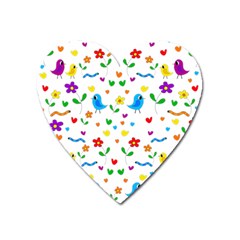 Cute Birds And Flowers Pattern Heart Magnet by Valentinaart