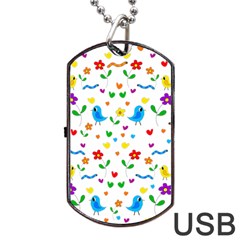 Cute Birds And Flowers Pattern Dog Tag Usb Flash (one Side) by Valentinaart