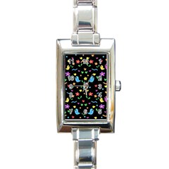 Cute Birds And Flowers Pattern - Black Rectangle Italian Charm Watch by Valentinaart