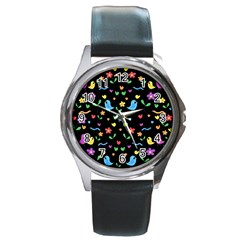 Cute Birds And Flowers Pattern - Black Round Metal Watch by Valentinaart