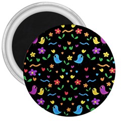 Cute Birds And Flowers Pattern - Black 3  Magnets by Valentinaart