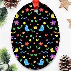 Cute Birds And Flowers Pattern - Black Ornament (oval)  by Valentinaart