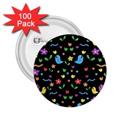 Cute Birds And Flowers Pattern - Black 2 25  Buttons (100 Pack)  by Valentinaart