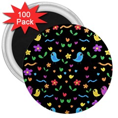 Cute Birds And Flowers Pattern - Black 3  Magnets (100 Pack) by Valentinaart